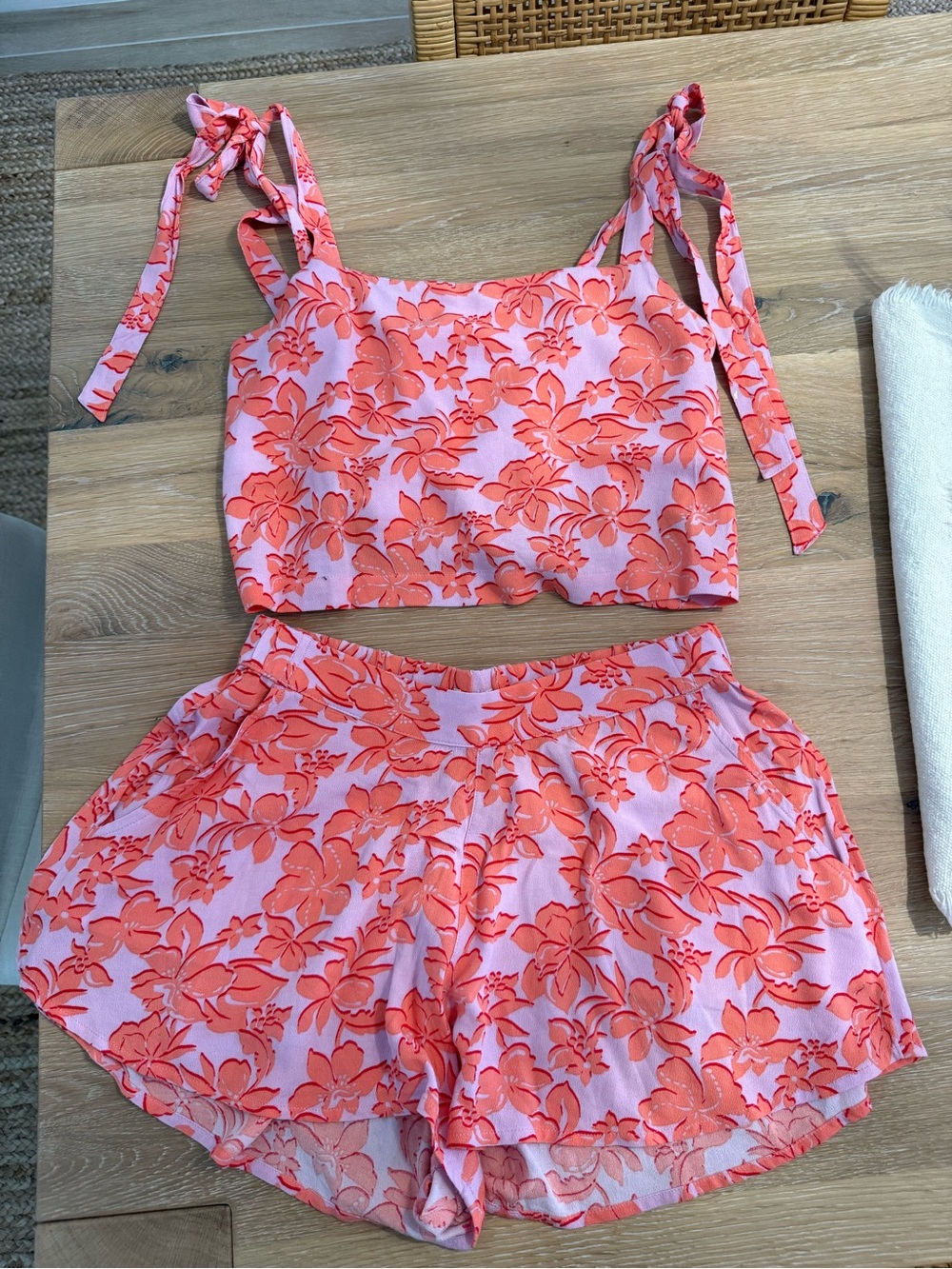 Roxy Pink & Coral Floral Tie-Shoulder Crop Tank and Shorts Set